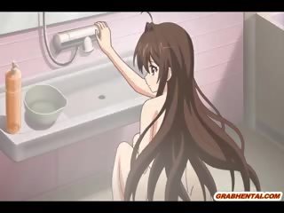 Plešatý chlapík anime stojace fucked a prsnaté vysokoškolská študentka v the kúpeľňa
